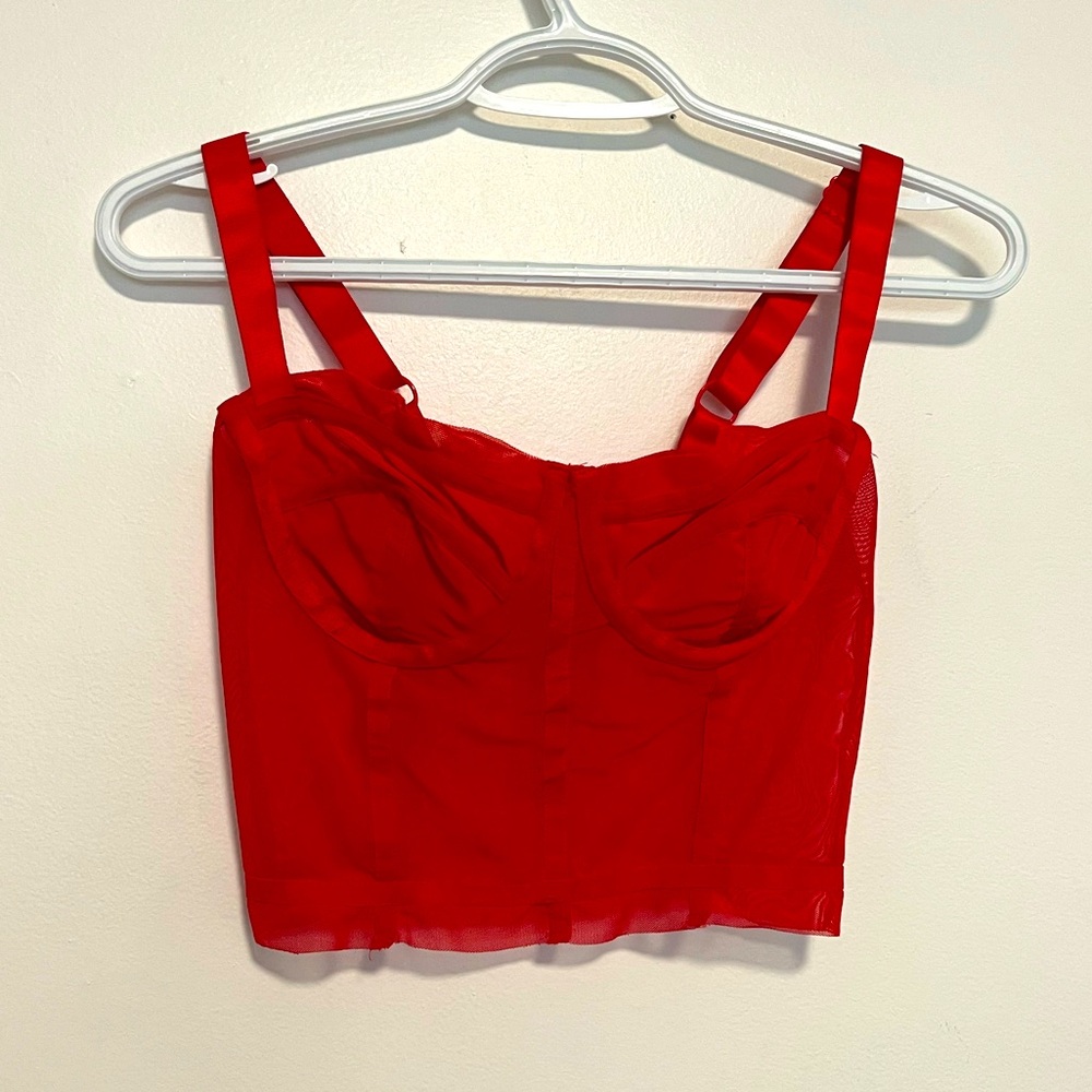 Danielle Guizio Red Mesh Bustier Tank Top